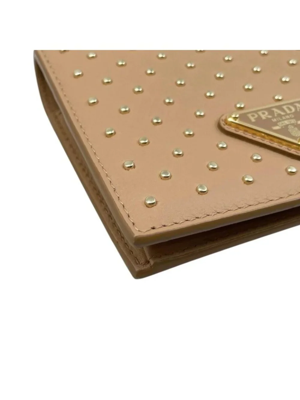Prada Bifold Wallet Studded Leather Triangle Logo Natural Beige Gold - Picture 3 of 11